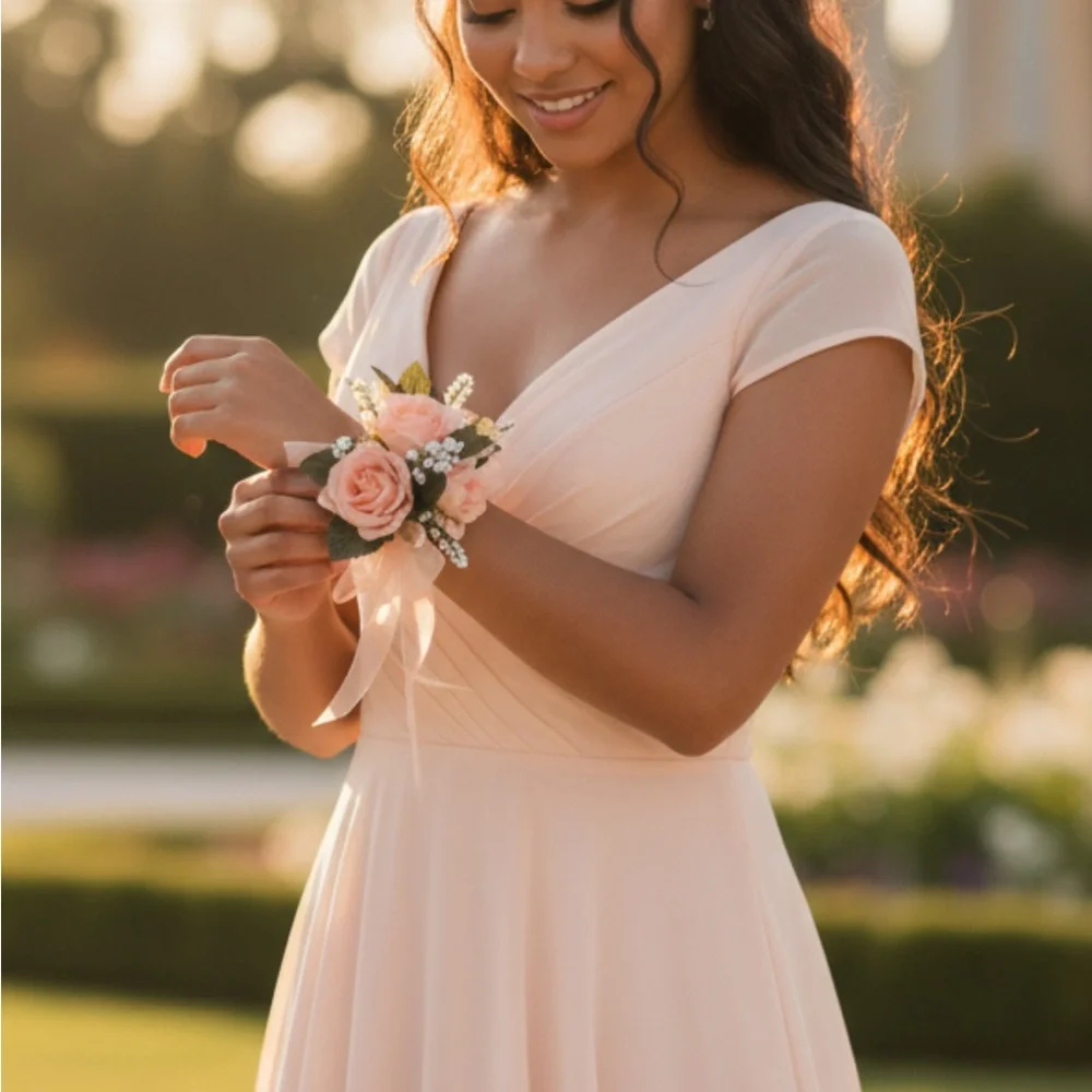 Elegant Peach artificial Floral wristband corsage or pin on corsage Arrangement